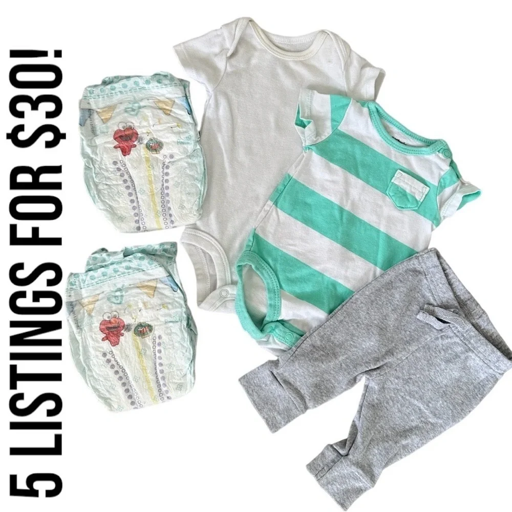 Newborn Carter’s / Koala Baby Baby Boy clothes & two pampers diapers